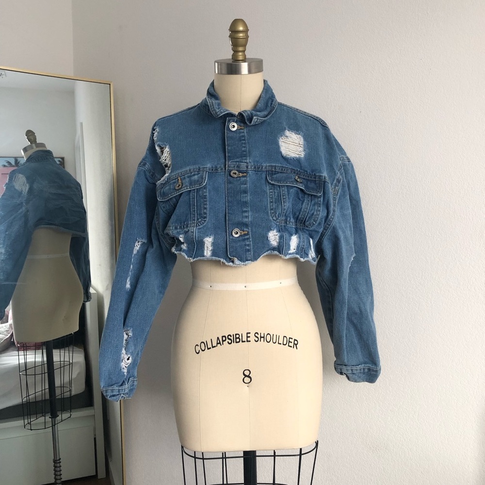 Cropped ripped jean jacket
